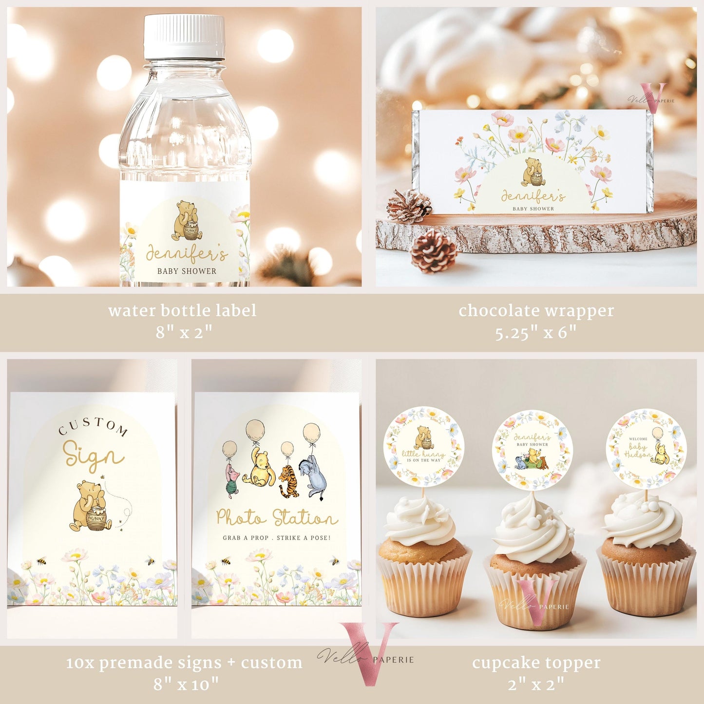 Beige Winnie the Pooh Baby Shower BUNDLE | Full Editable Neutral Wildflower, Little Hunny Pooh Baby Shower Party SET, Favors Decor WTP04