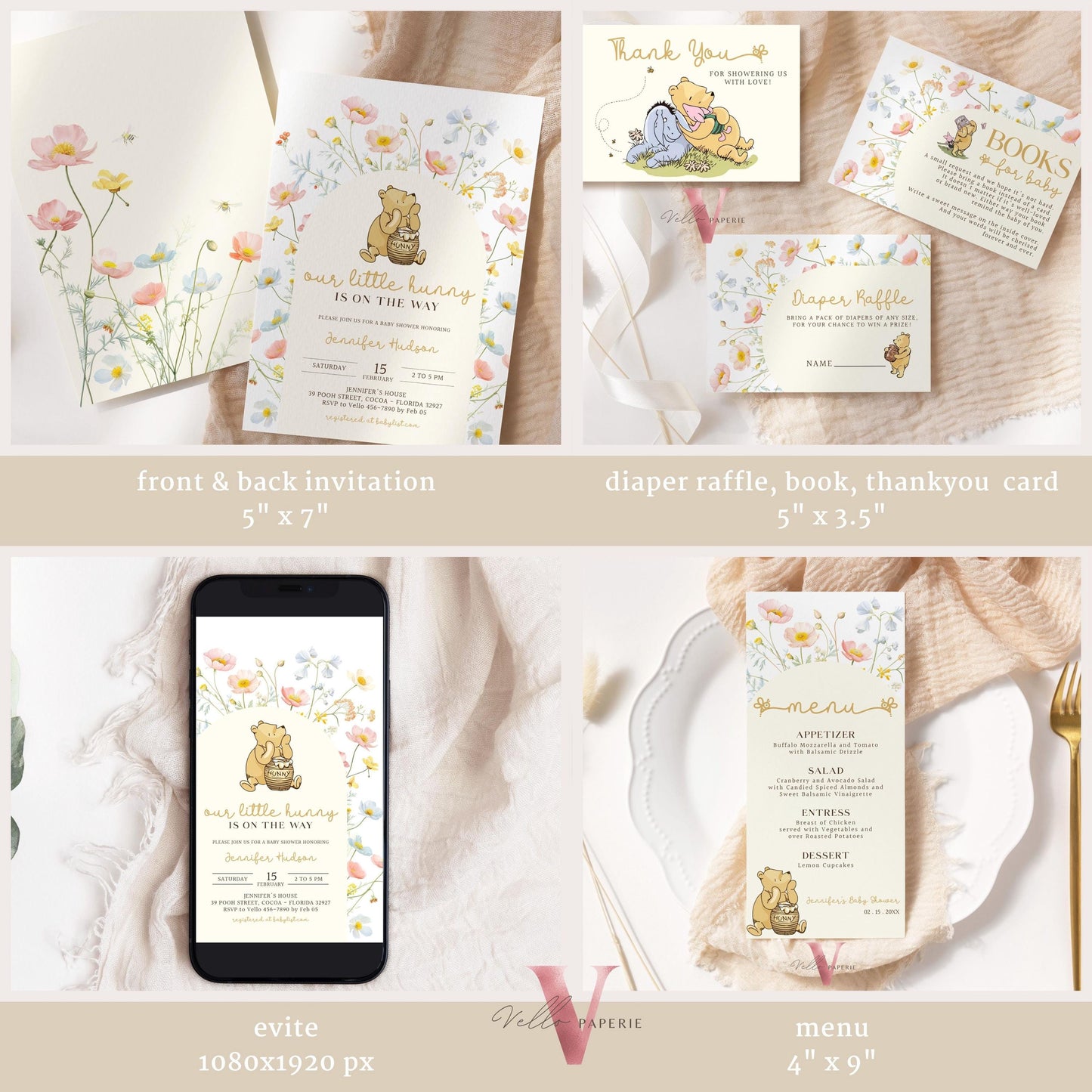 Beige Winnie the Pooh Baby Shower BUNDLE | Full Editable Neutral Wildflower, Little Hunny Pooh Baby Shower Party SET, Favors Decor WTP04