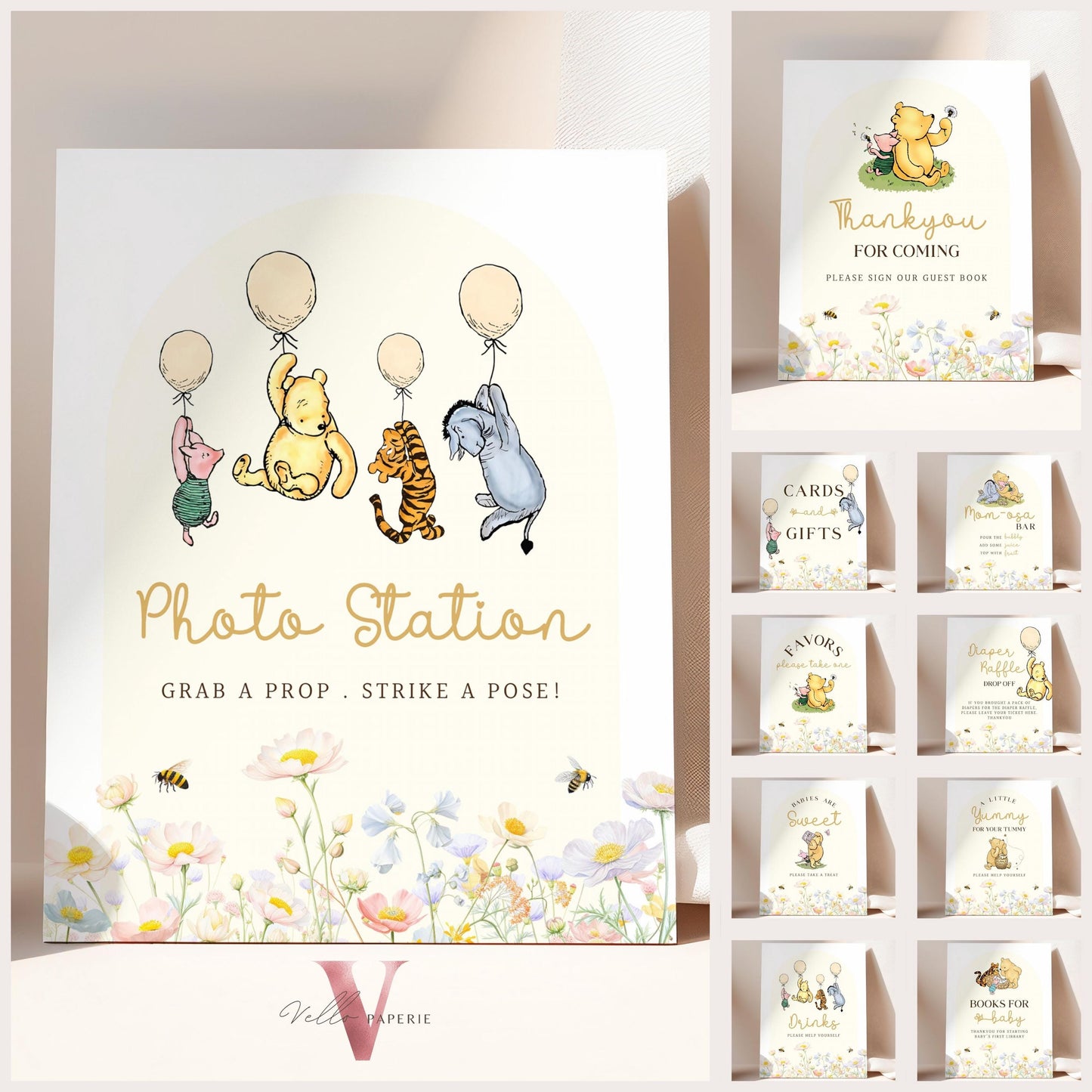 Beige Winnie the Pooh Baby Shower BUNDLE | Full Editable Neutral Wildflower, Little Hunny Pooh Baby Shower Party SET, Favors Decor WTP04