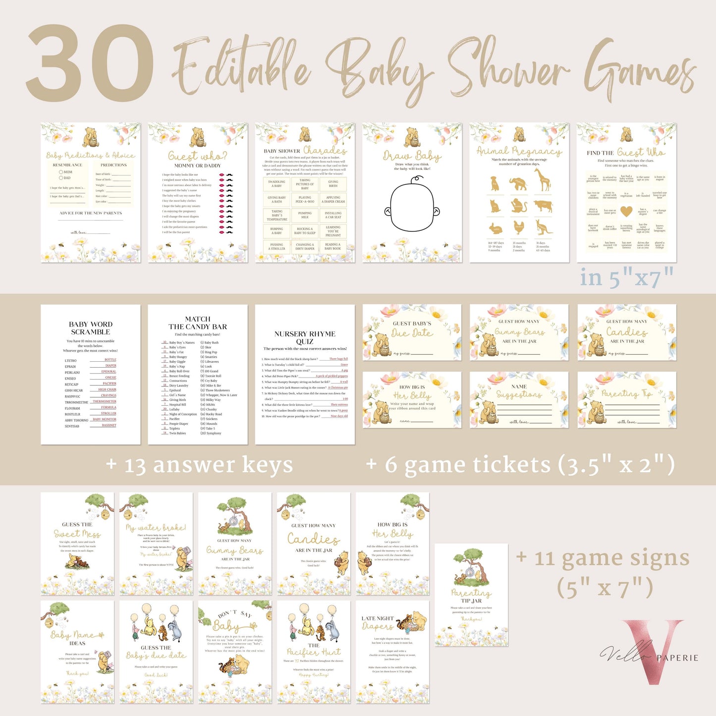 Beige Winnie the Pooh Baby Shower BUNDLE | Full Editable Neutral Wildflower, Little Hunny Pooh Baby Shower Party SET, Favors Decor WTP04