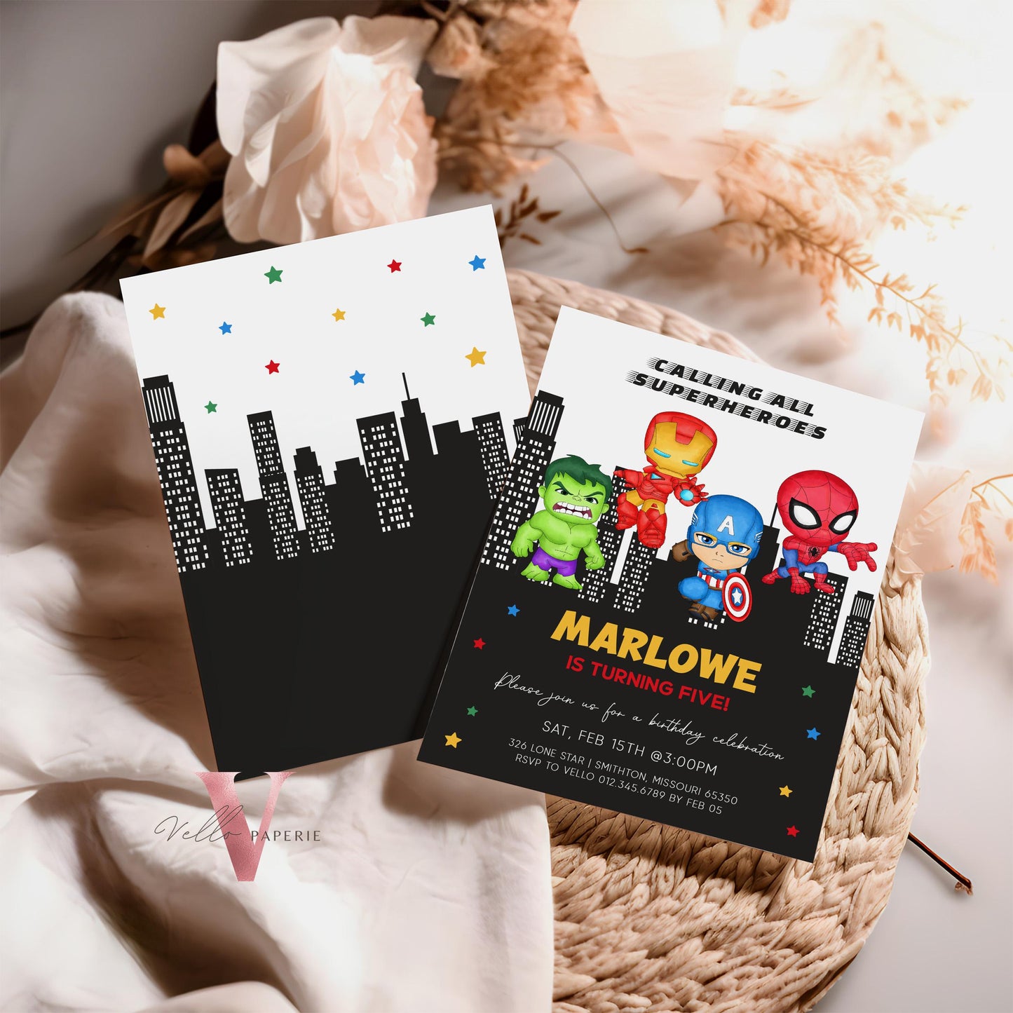 Calling All Superheroes Birthday Invitation | Watercolor Avengers Kids Colorful Birthday Party Invite | Any Age Cute Chibi Superhero SHB01