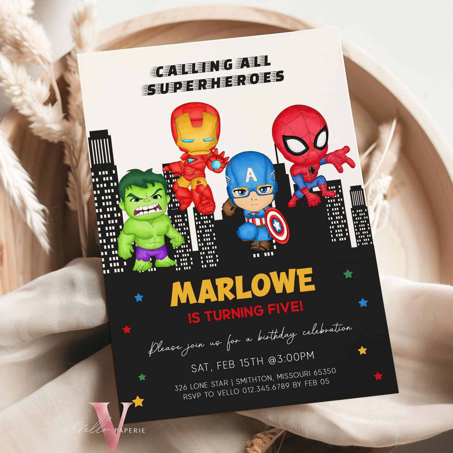 Calling All Superheroes Birthday Invitation | Watercolor Avengers Kids Colorful Birthday Party Invite | Any Age Cute Chibi Superhero SHB01