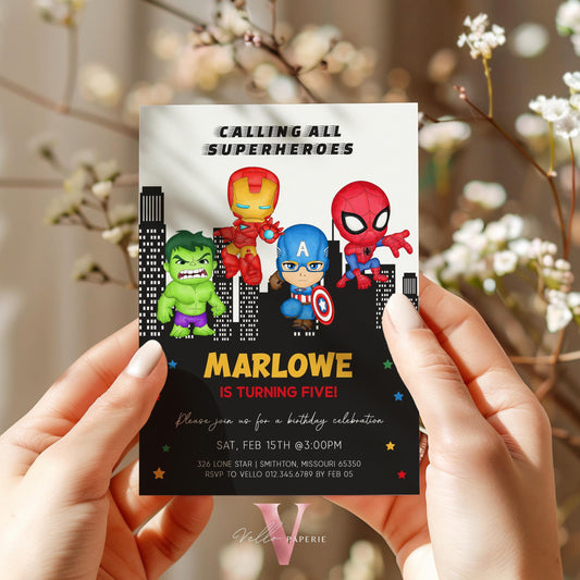 Calling All Superheroes Birthday Invitation | Watercolor Avengers Kids Colorful Birthday Party Invite | Any Age Cute Chibi Superhero SHB01