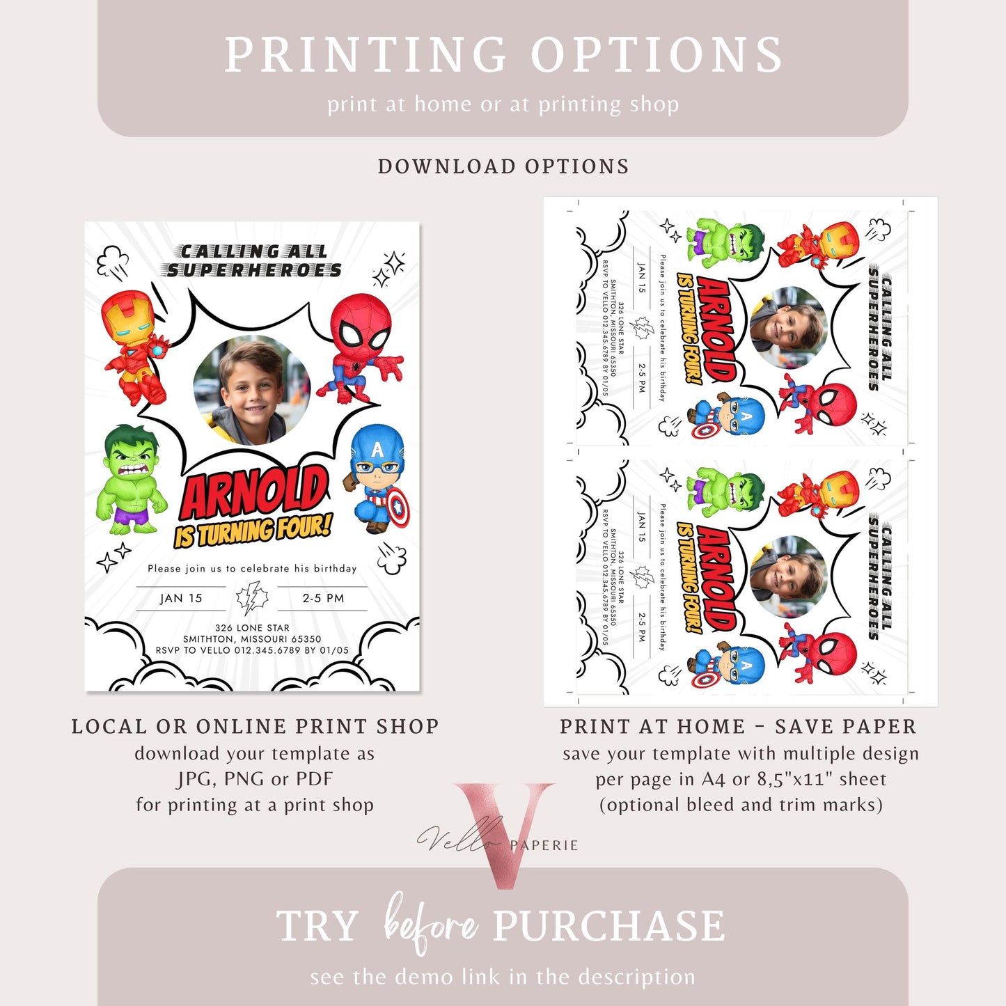 Calling All Superheroes PHOTO Birthday Invitation | Watercolor Avengers Kids Birthday Party Invite | Any Age Cute Chibi Superhero SHB01