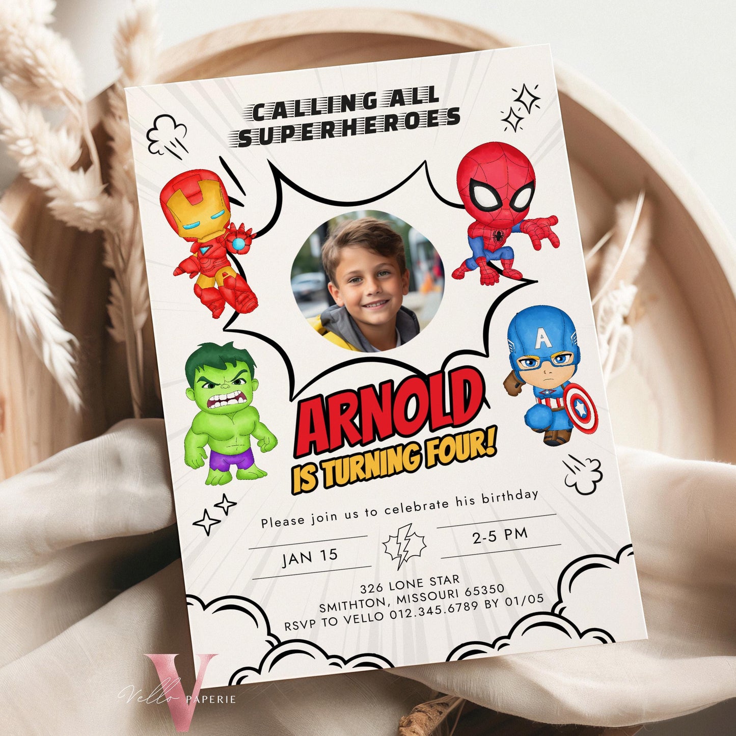 Calling All Superheroes PHOTO Birthday Invitation | Watercolor Avengers Kids Birthday Party Invite | Any Age Cute Chibi Superhero SHB01