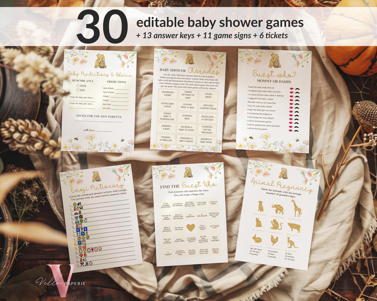 Editable 60Pages Winnie the Pooh Baby Shower Games & Activities Bundle, Ticket Sign | Printable Beige Floral Pooh Baby Shower Set WTP04