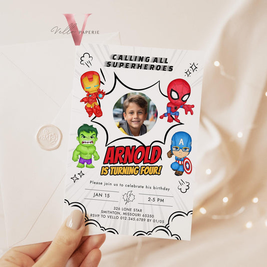 Calling All Superheroes PHOTO Birthday Invitation | Watercolor Avengers Kids Birthday Party Invite | Any Age Cute Chibi Superhero SHB01