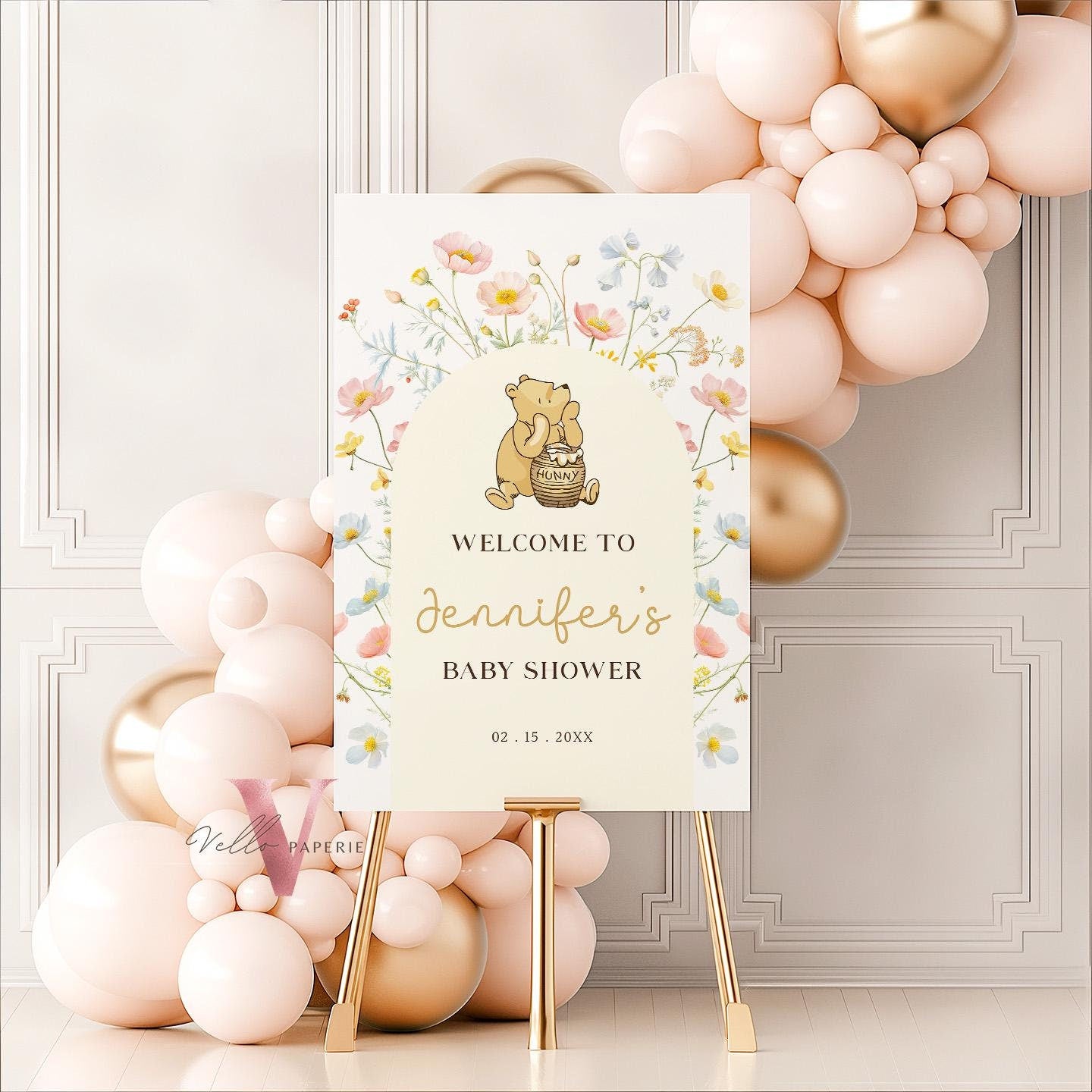 Editable Cream Floral Winnie the Pooh Baby Shower or Birthday Welcome Sign | Printable Beige Wildflower, Little Hunny Party Decor Sign WTP04