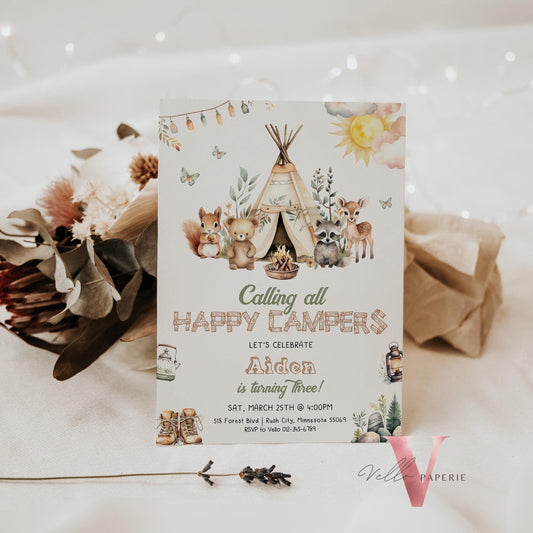 Calling All Happy Campers Invitation | BOHO Camping Birthday Invite | Adventure Forest Camp Birthday InvitR | Camper Backyard Bonfire Party