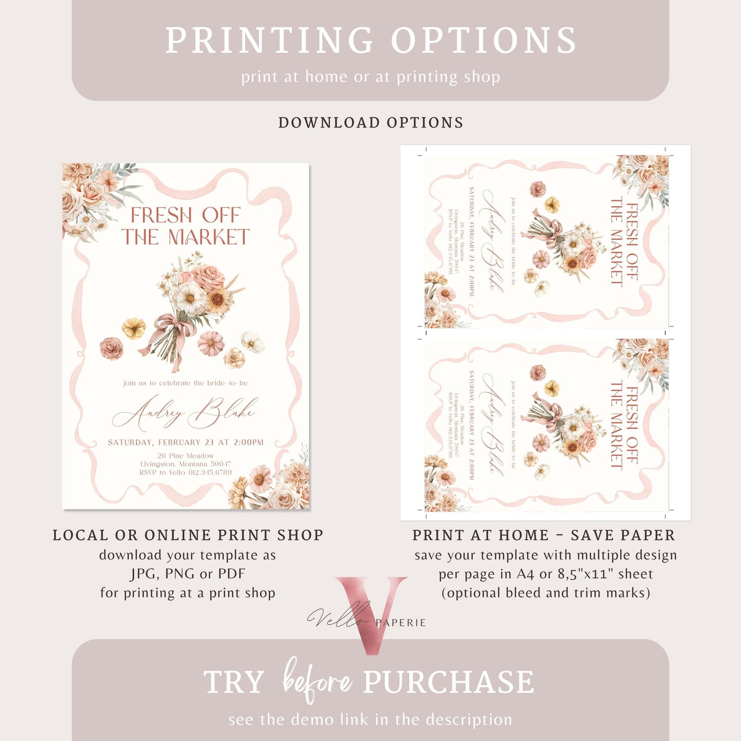 Beige Blush Pink Off the Market Bridal Shower Party Invitation | She's off the Market Invite | Bow Flower Florist Cart Watercolor Instant