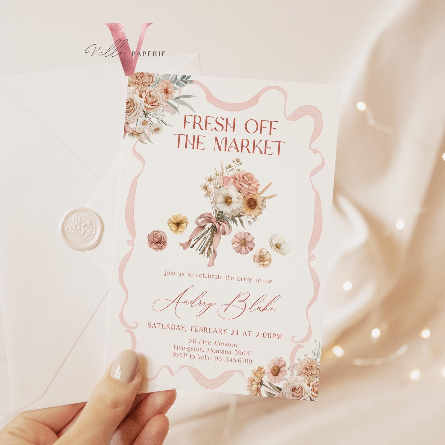 Beige Blush Pink Off the Market Bridal Shower Party Invitation | She's off the Market Invite | Bow Flower Florist Cart Watercolor Instant