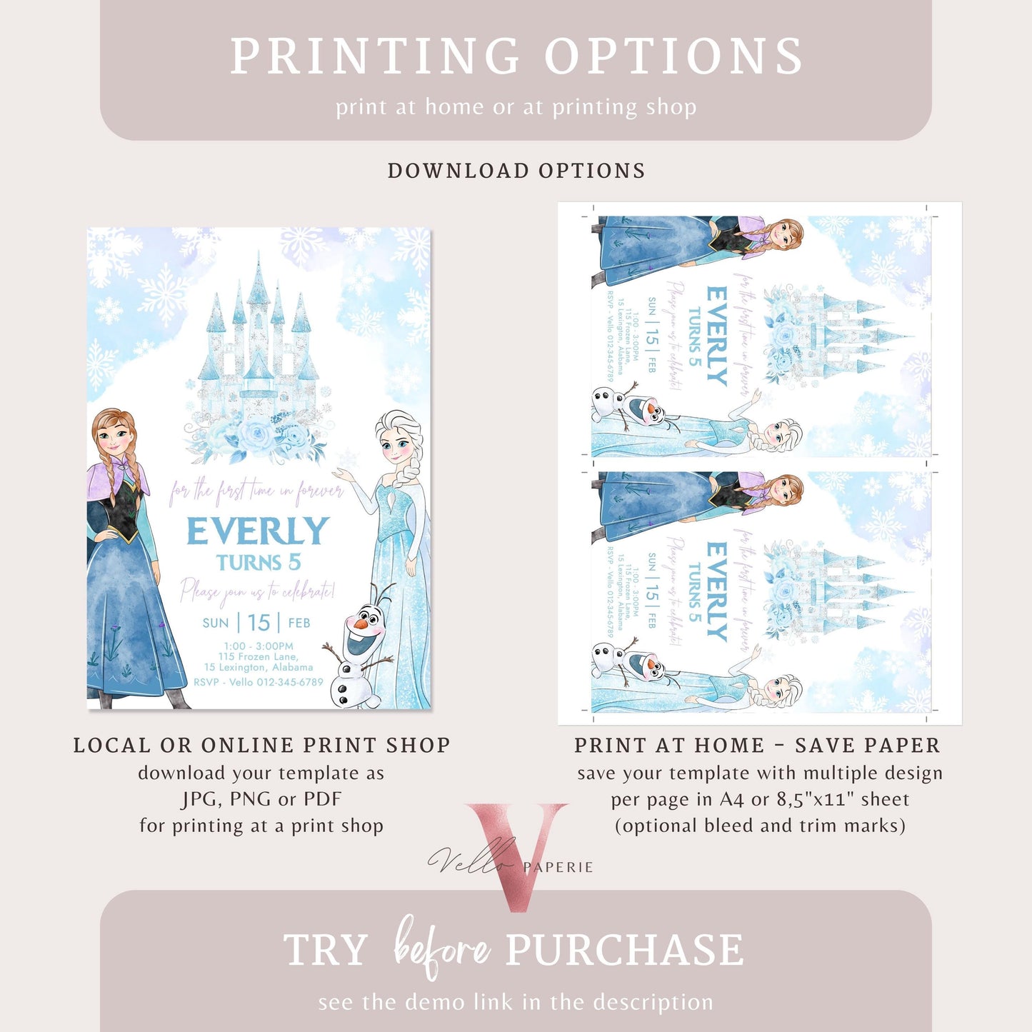 Editable ANY AGE Birthday Frozen Theme Birthday Party Invitation | Watercolor Elsa Anna Princess Birthday Invite | Winter Snow Princess