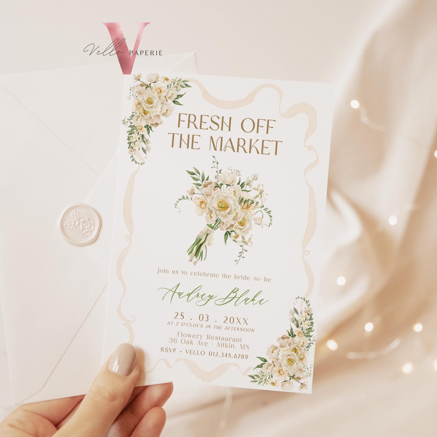 Beige Floral Off the Market Bridal Shower Party Invitation | She's off the Market Invite | Bow Flower Handbouquet Watercolor Instant