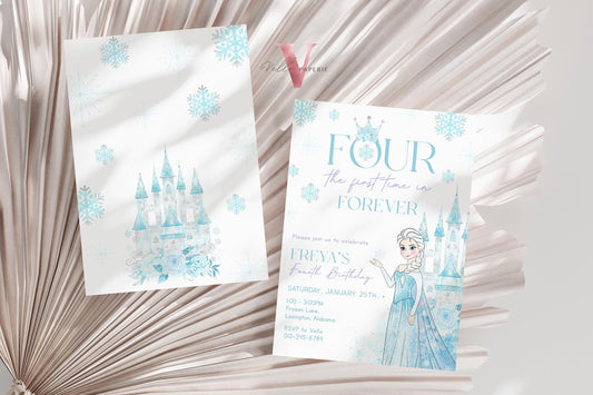 Editable Fourth Birthday Frozen Theme Birthday Party Invitation | 4th Birthday Watercolor Princess Frozen Invite | Winter Snow Princess