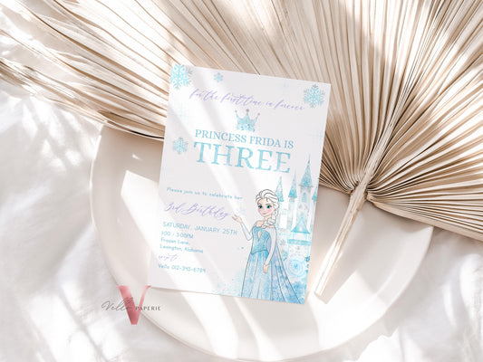 Editable Third Birthday Frozen Theme Birthday Party Invitation | 3rd Birthday Watercolor Princess Frozen Invite | Winter Snow Princess