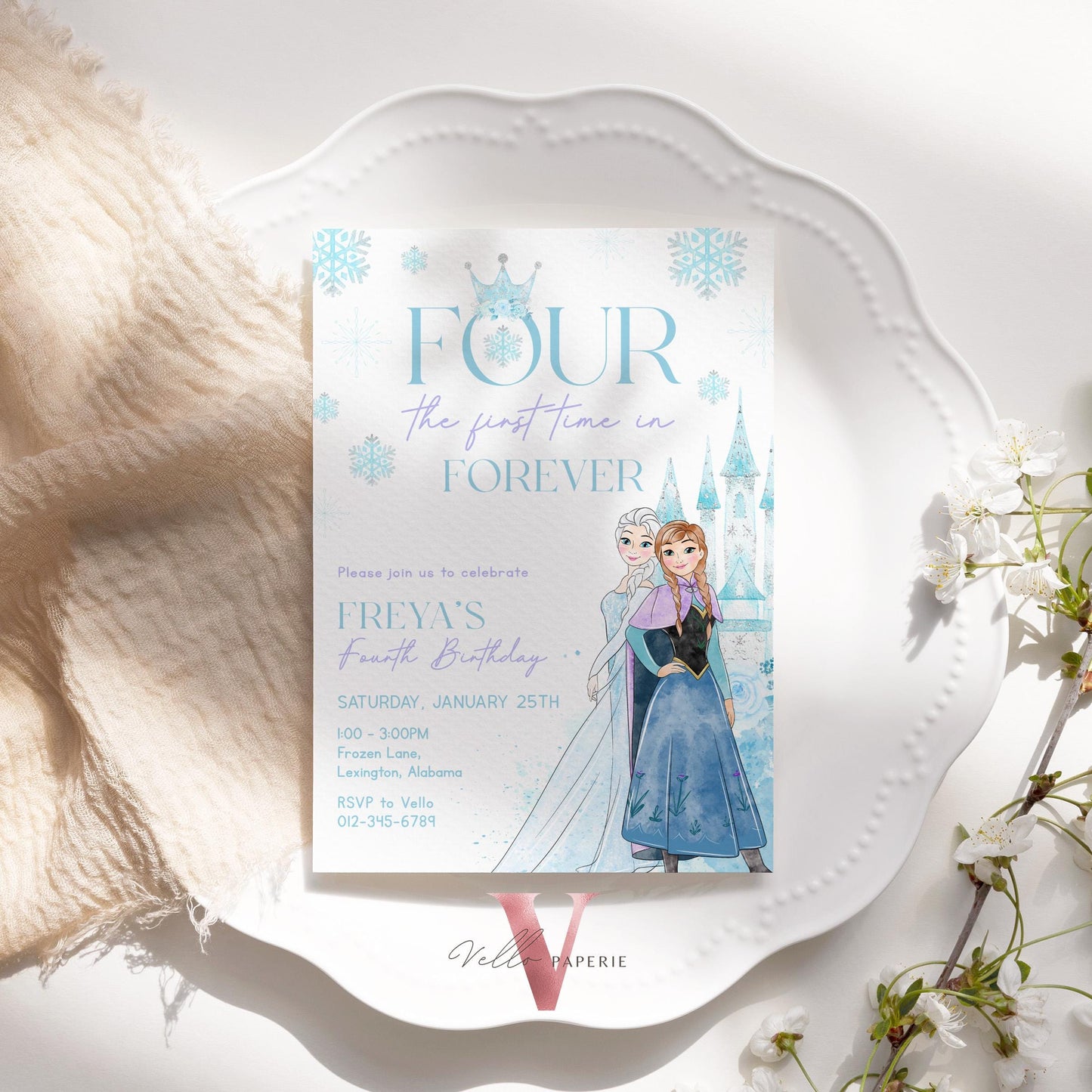 Editable 4TH Birthday Frozen Theme Birthday Party Invitation | Fourth Birthday Watercolor Princess Anna Elsa Invite | Winter Snow Princess