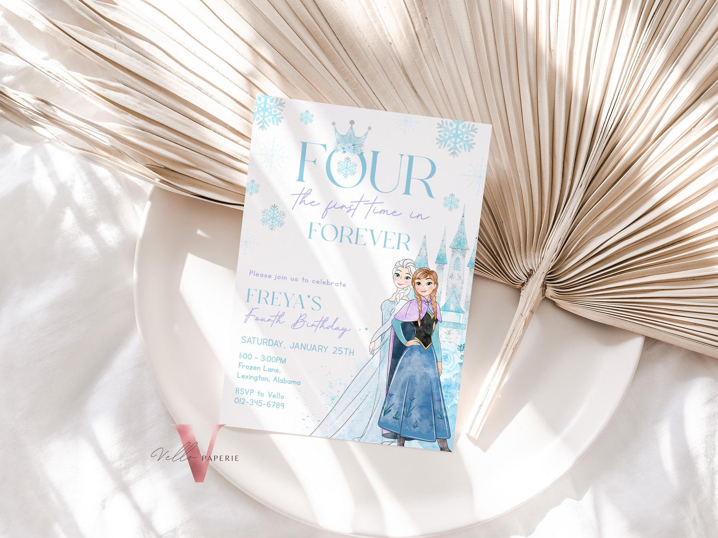 Editable 4TH Birthday Frozen Theme Birthday Party Invitation | Fourth Birthday Watercolor Princess Anna Elsa Invite | Winter Snow Princess