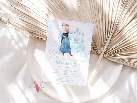 Editable ANY AGE Birthday Frozen Theme Birthday Party Invitation | Watercolor Elsa Anna Princess Birthday Invite | Winter Snow Princess