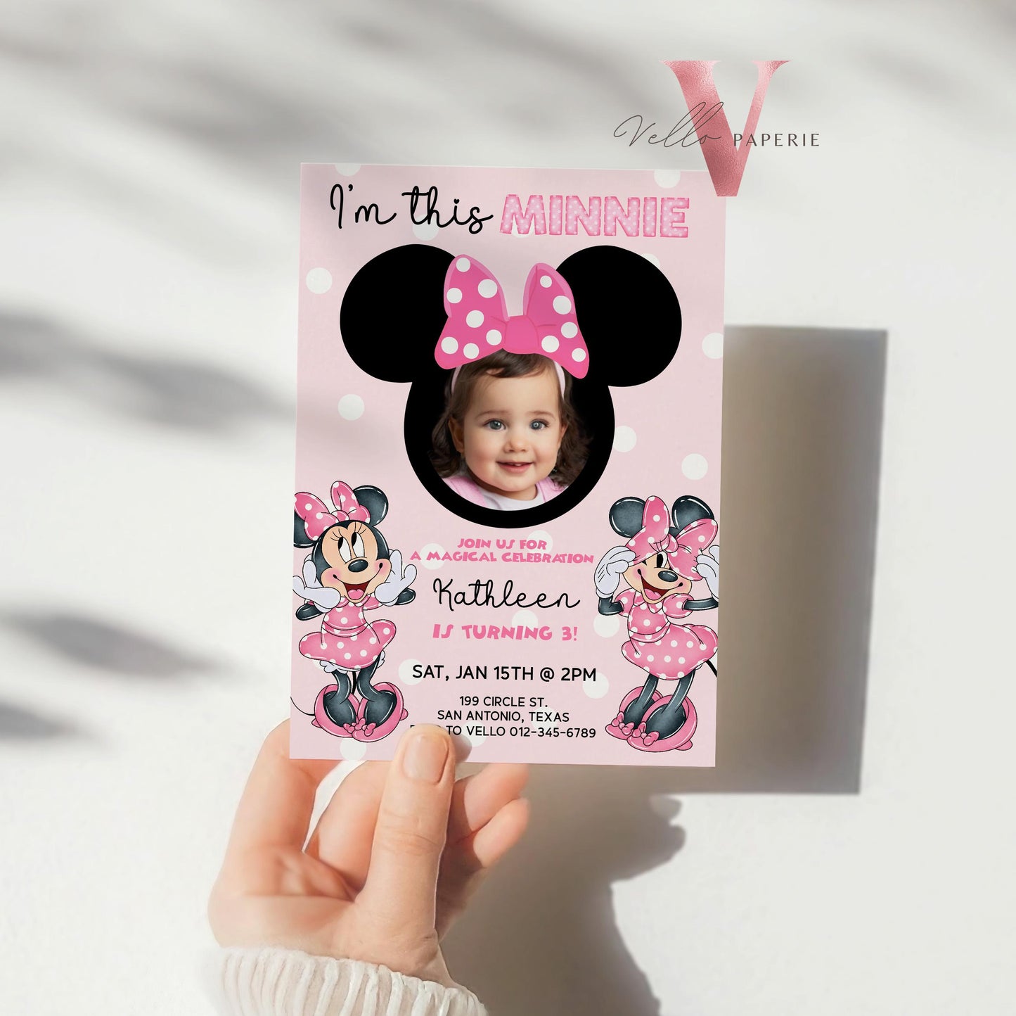 Use Your Photo I'm this Minnie Mouse Birthday Invitation | Cute Light Pink Polka Dot Invite | ANY AGE Birthday Instant Template MMB06