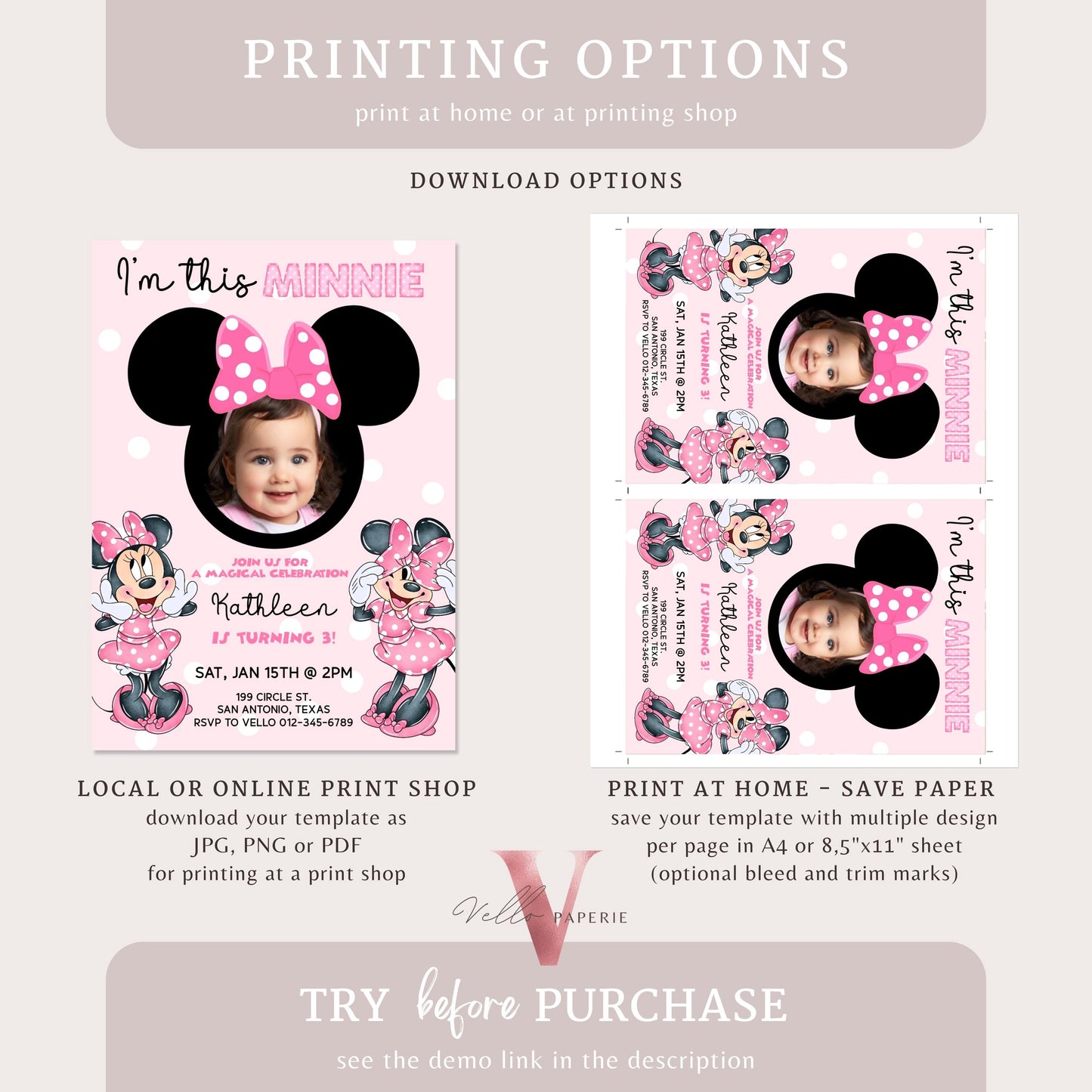 Use Your Photo I'm this Minnie Mouse Birthday Invitation | Cute Light Pink Polka Dot Invite | ANY AGE Birthday Instant Template MMB06