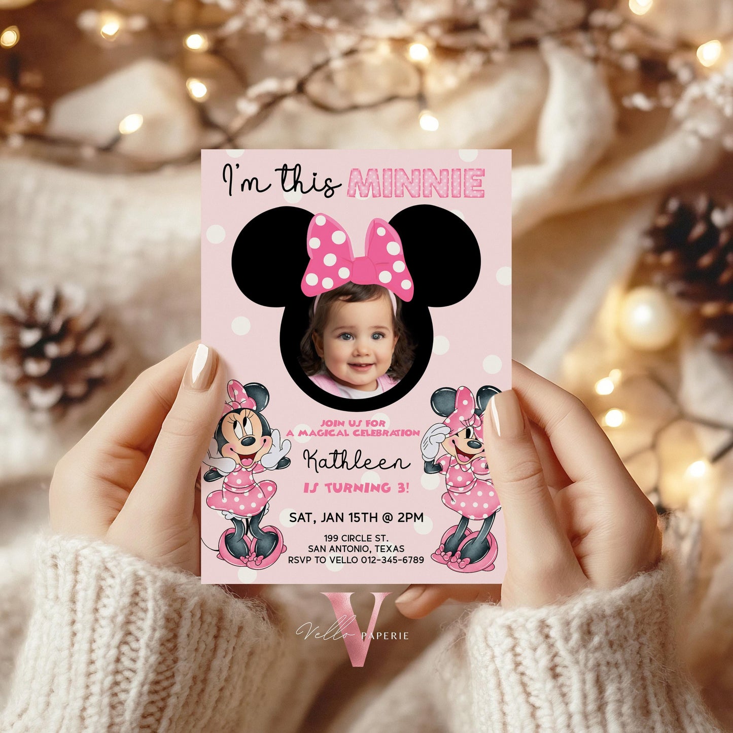 Use Your Photo I'm this Minnie Mouse Birthday Invitation | Cute Light Pink Polka Dot Invite | ANY AGE Birthday Instant Template MMB06