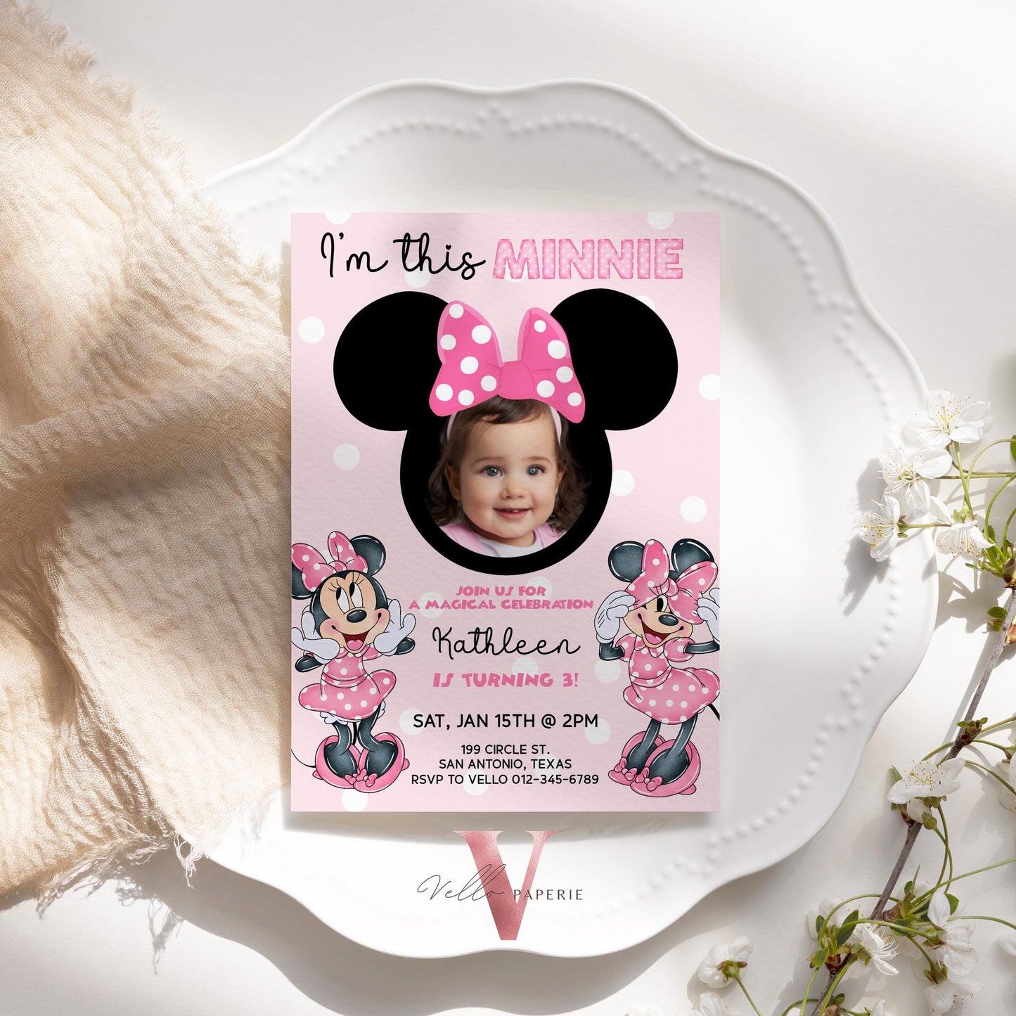 Use Your Photo I'm this Minnie Mouse Birthday Invitation | Cute Light Pink Polka Dot Invite | ANY AGE Birthday Instant Template MMB06