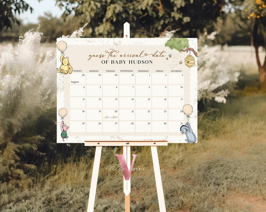 Editable Classic Winnie the Pooh Baby Shower Due Date Calendar | Printable Beige Toile de Juoy, Little Hunny Party Decor, Arrival Date WTP01