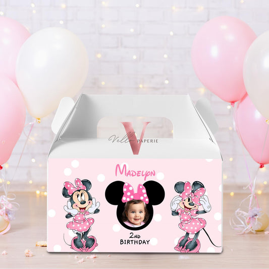 Editable Printable Any Age Minnie Mouse Photo Birthday Gable Box | Glitter Pink Minnie Party Favors MMB06