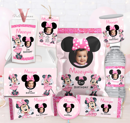 Editable Printable Any Age Minnie Mouse Photo Birthday Party Favors | Glitter Pink Minnie Party Chip Bag, Water Bottle Label, Caprisun MMB06