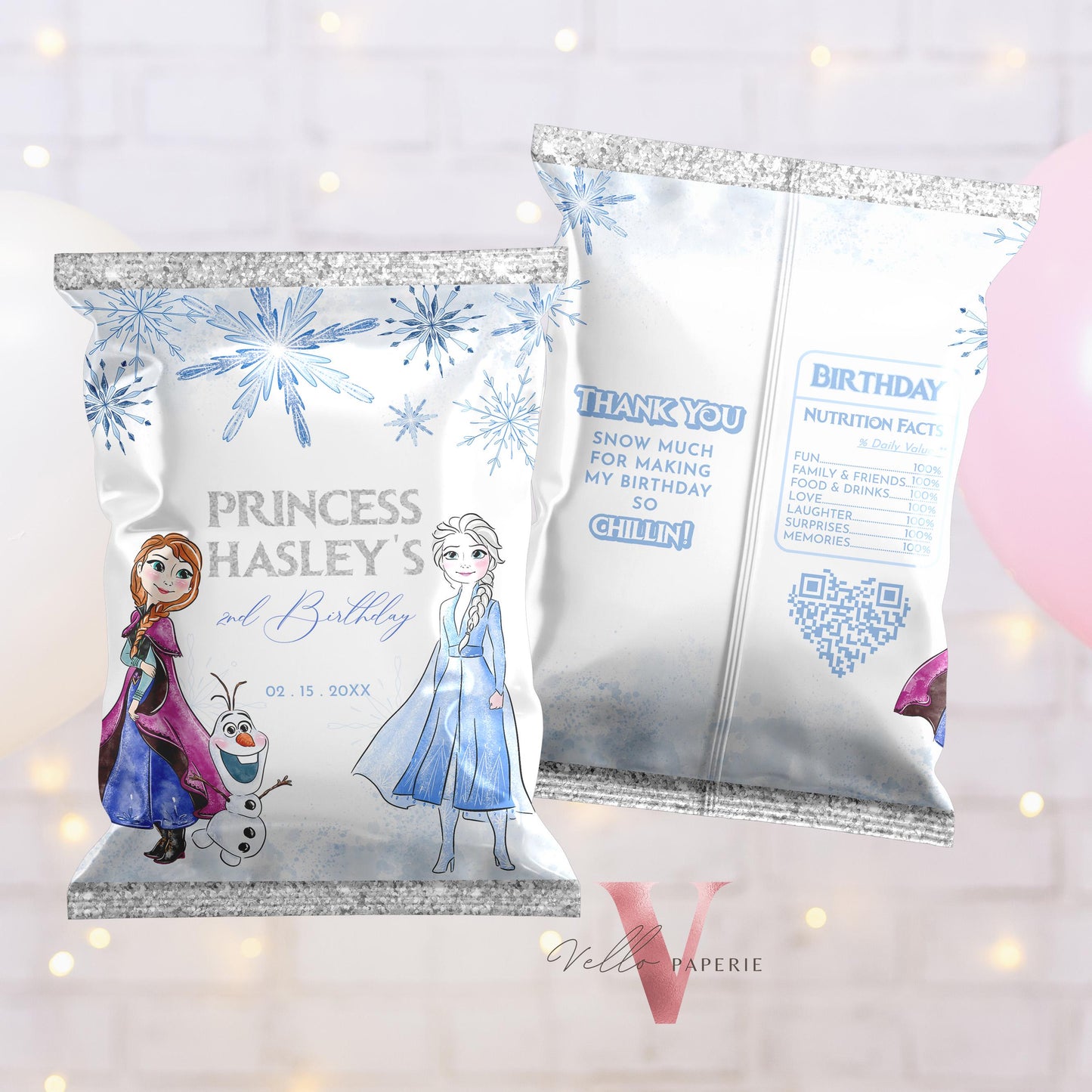 Any Age Frozen Birthday Party Favors | Glitter Silver Snow Princess Anna Elsa Party Decor, Chips Bag, Water Bottle Label, Caprisun FBP01