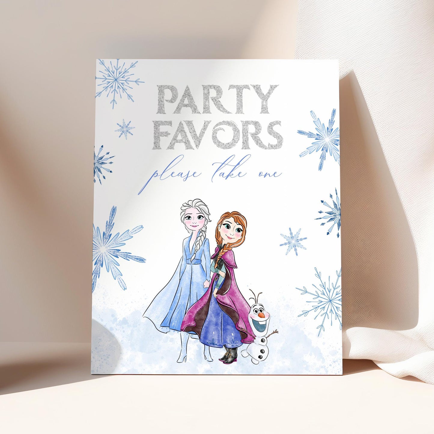 Editable Any Age Frozen Birthday Decor Sign BUNDLE | Glitter Silver Snow Princess Anna Elsa Party Table Sign, Tent Card, Thankyou Card FBP01