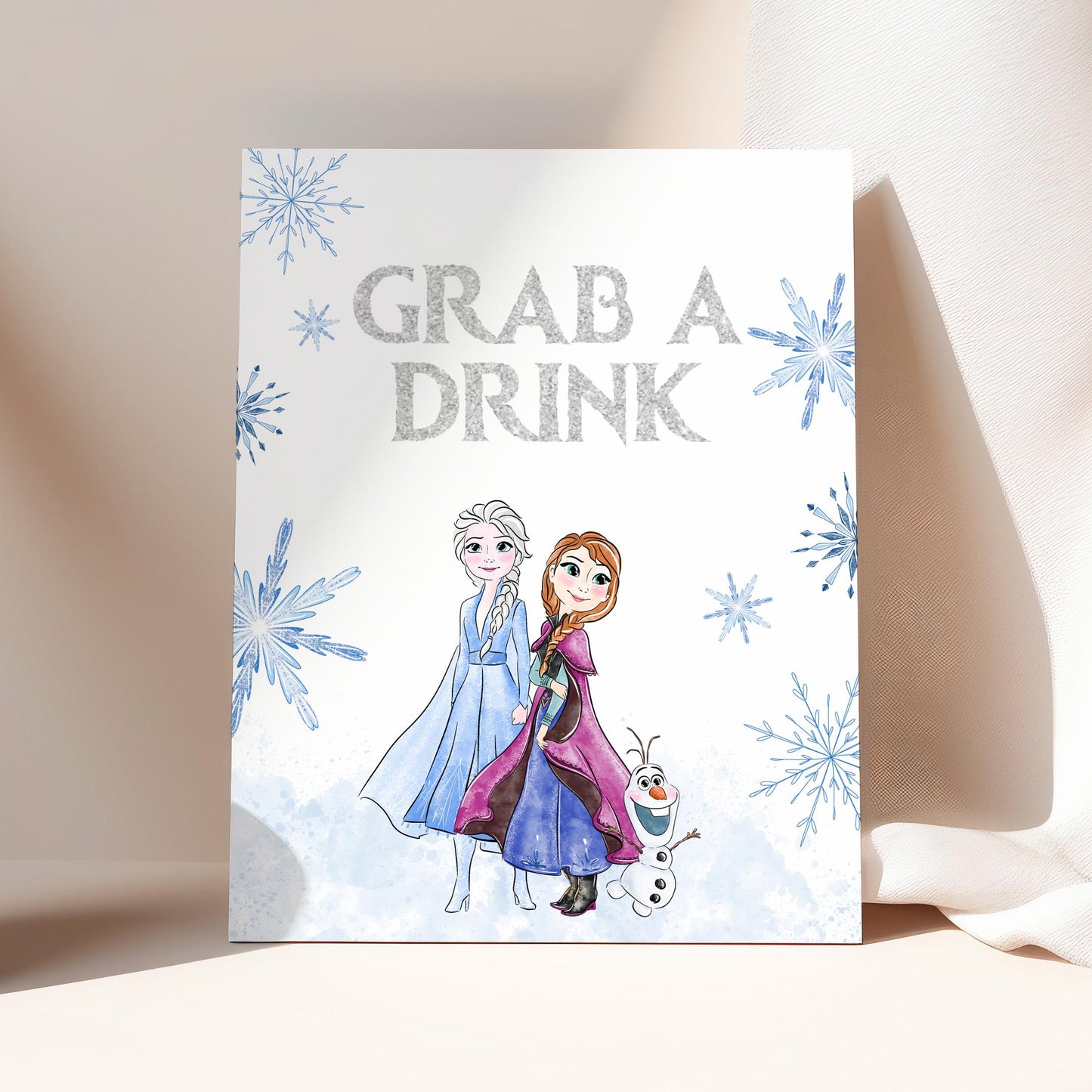 Editable Any Age Frozen Birthday Decor Sign BUNDLE | Glitter Silver Snow Princess Anna Elsa Party Table Sign, Tent Card, Thankyou Card FBP01