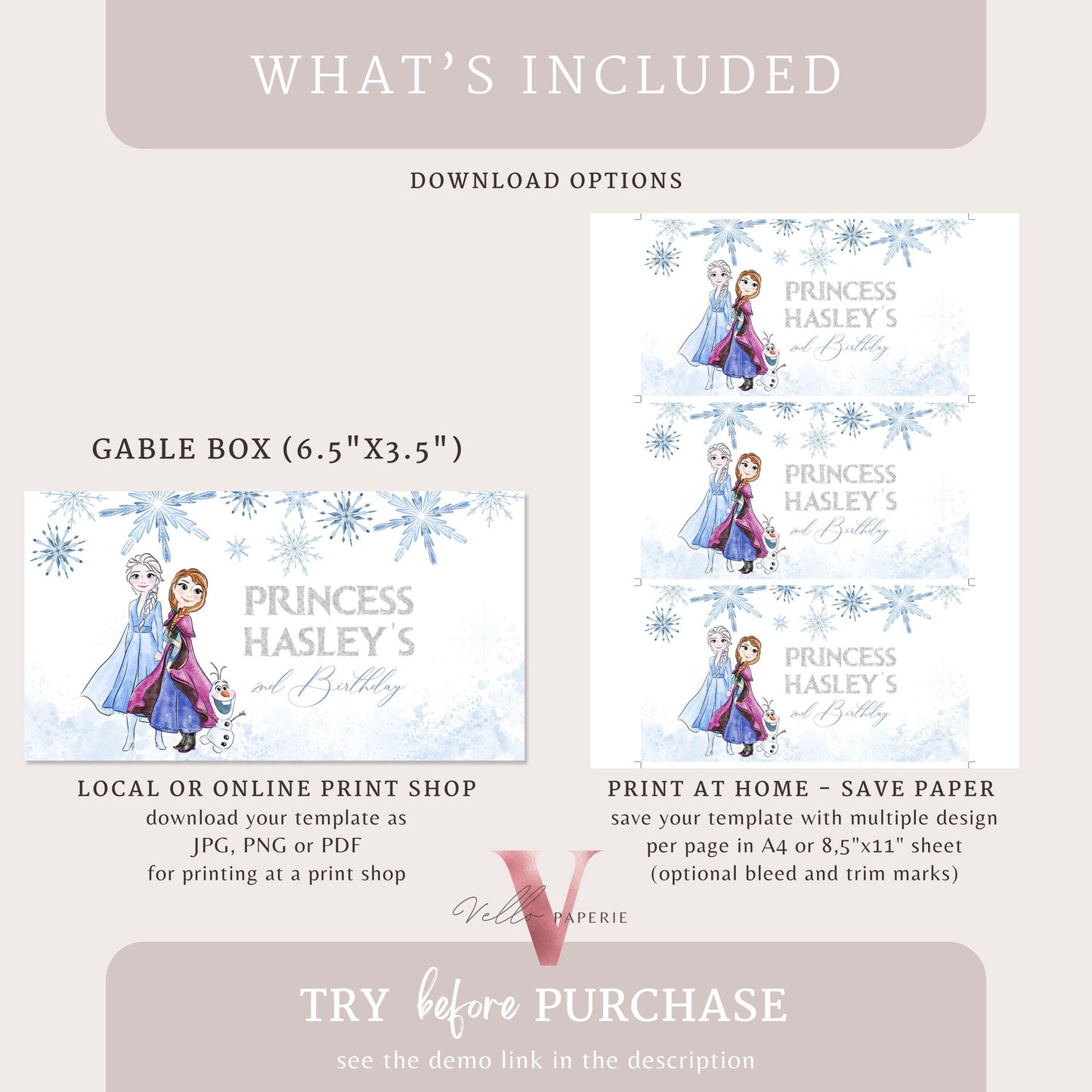 Editable Printable Any Age Frozen Birthday Gable Box | Glitter Silver Snow Princess Anna Elsa Party Favors Caprisun FBP01