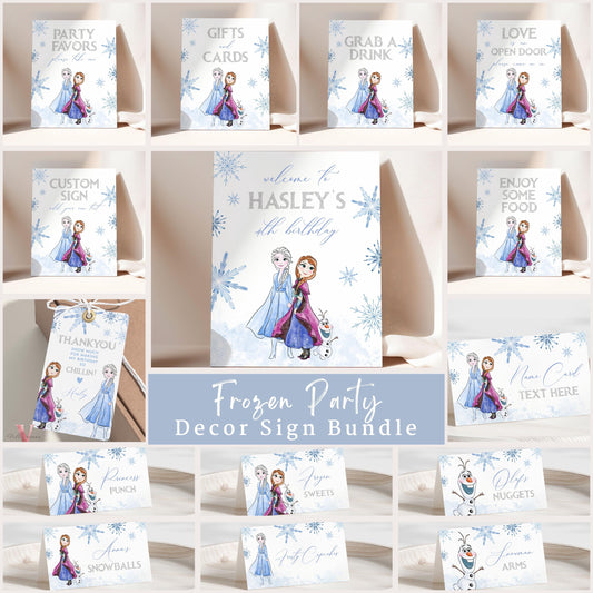 Editable Any Age Frozen Birthday Decor Sign BUNDLE | Glitter Silver Snow Princess Anna Elsa Party Table Sign, Tent Card, Thankyou Card FBP01