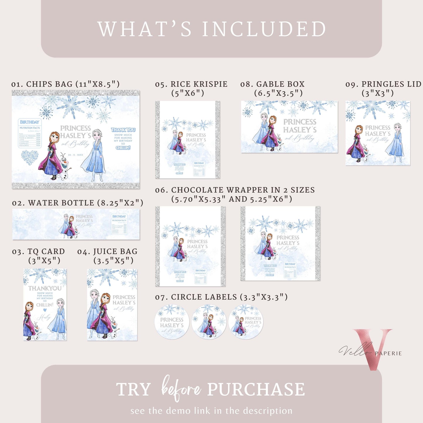 Editable Printable Any Age Frozen Birthday Party Favor | Glitter Silver Snow Princess Anna Elsa Chip Bag, Water Bottle Label, Caprisun FBP01