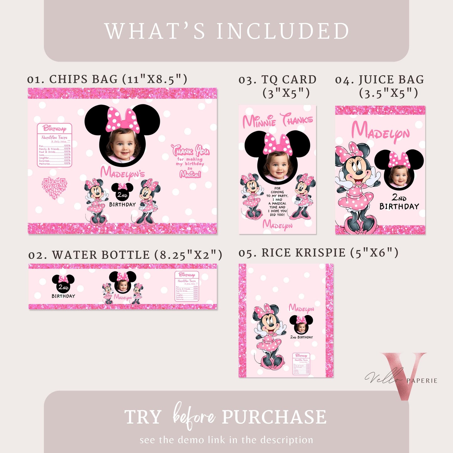 Use Your Photo Any Age Minnie Mouse Photo Birthday Party Favors | Glitter Pink Minnie Party Chips Bag, Water Bottle Label, Caprisun  MMB06