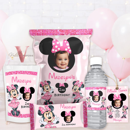 Use Your Photo Any Age Minnie Mouse Photo Birthday Party Favors | Glitter Pink Minnie Party Chips Bag, Water Bottle Label, Caprisun  MMB06