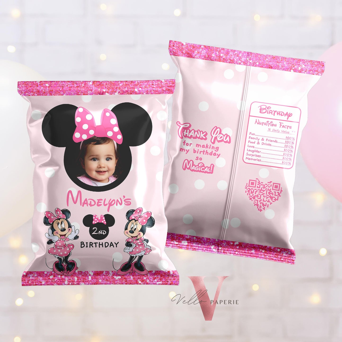 Self Editable Photo Minnie Mouse Birthday Party Favors | Glitter Pink Minnie Party Chips Bag, Snack Bag, Party Decor  MMB06