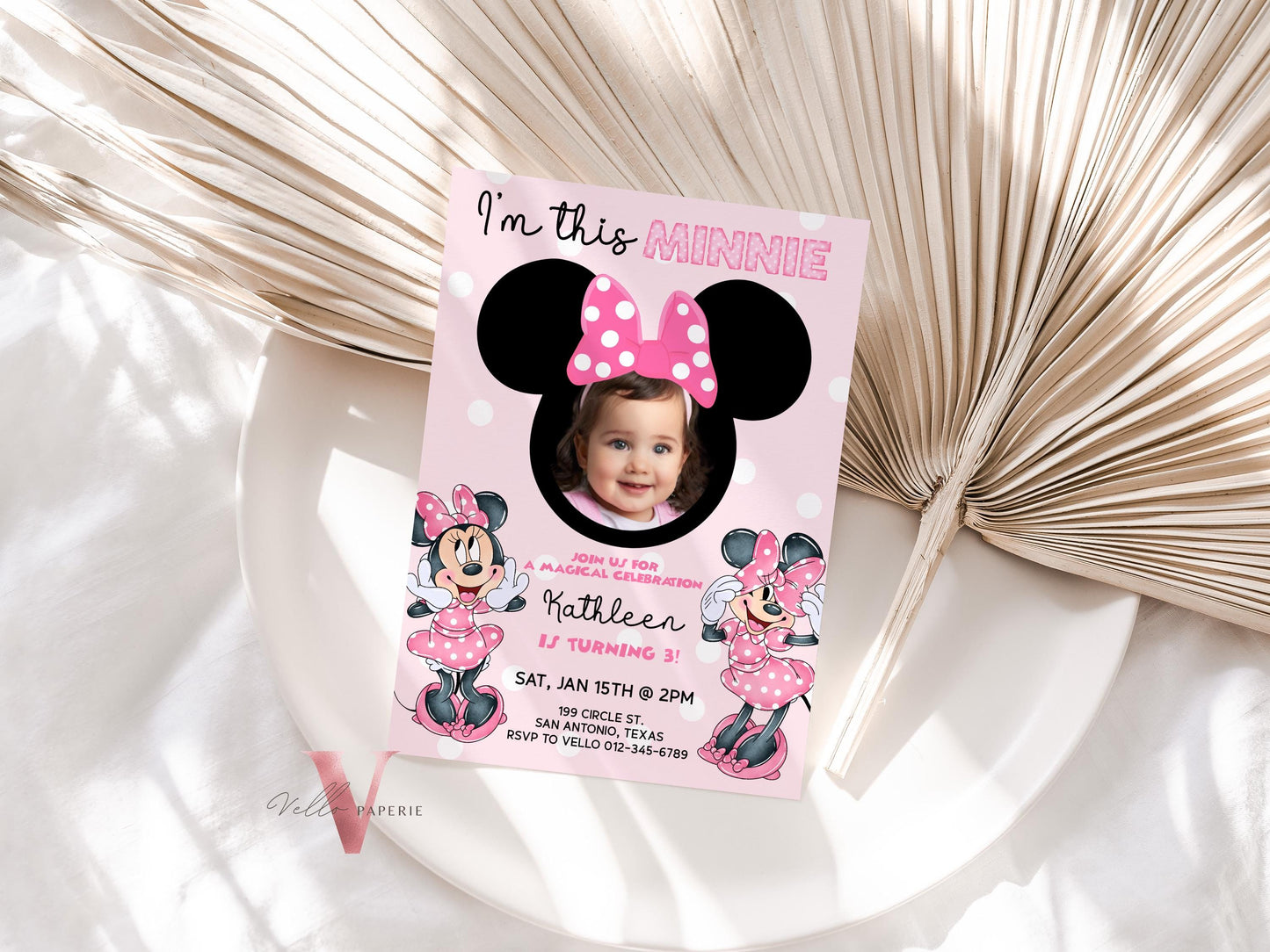 Self Editable Photo Minnie Mouse Birthday Party Favors | Glitter Pink Polkadot Minnie Party Water Bottle Label, Party Decor  MMB06