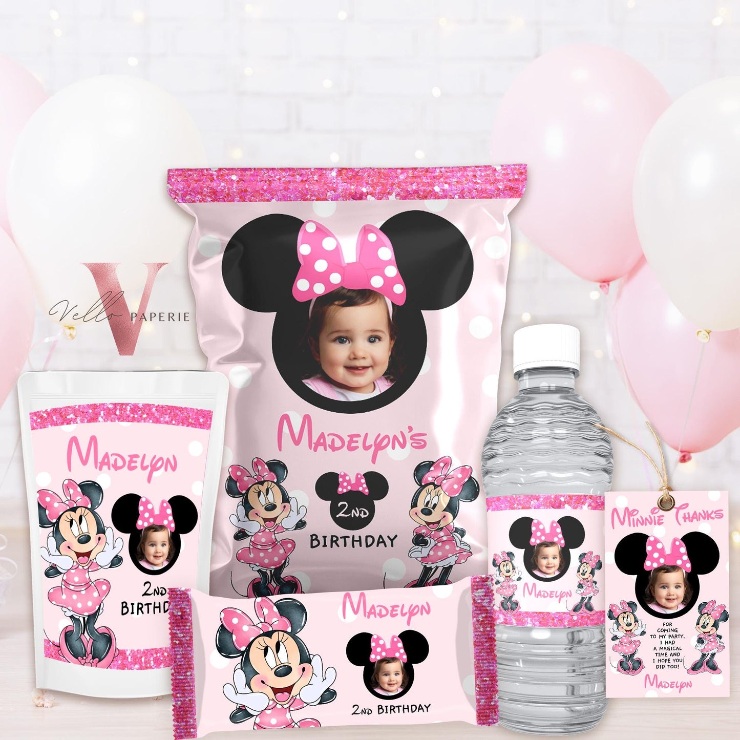 Self Editable Photo Minnie Mouse Birthday Party Favors | Glitter Pink Polkadot Minnie Party Water Bottle Label, Party Decor  MMB06