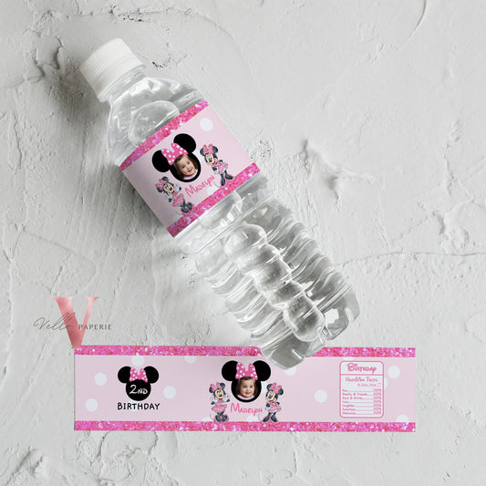 Self Editable Photo Minnie Mouse Birthday Party Favors | Glitter Pink Polkadot Minnie Party Water Bottle Label, Party Decor  MMB06