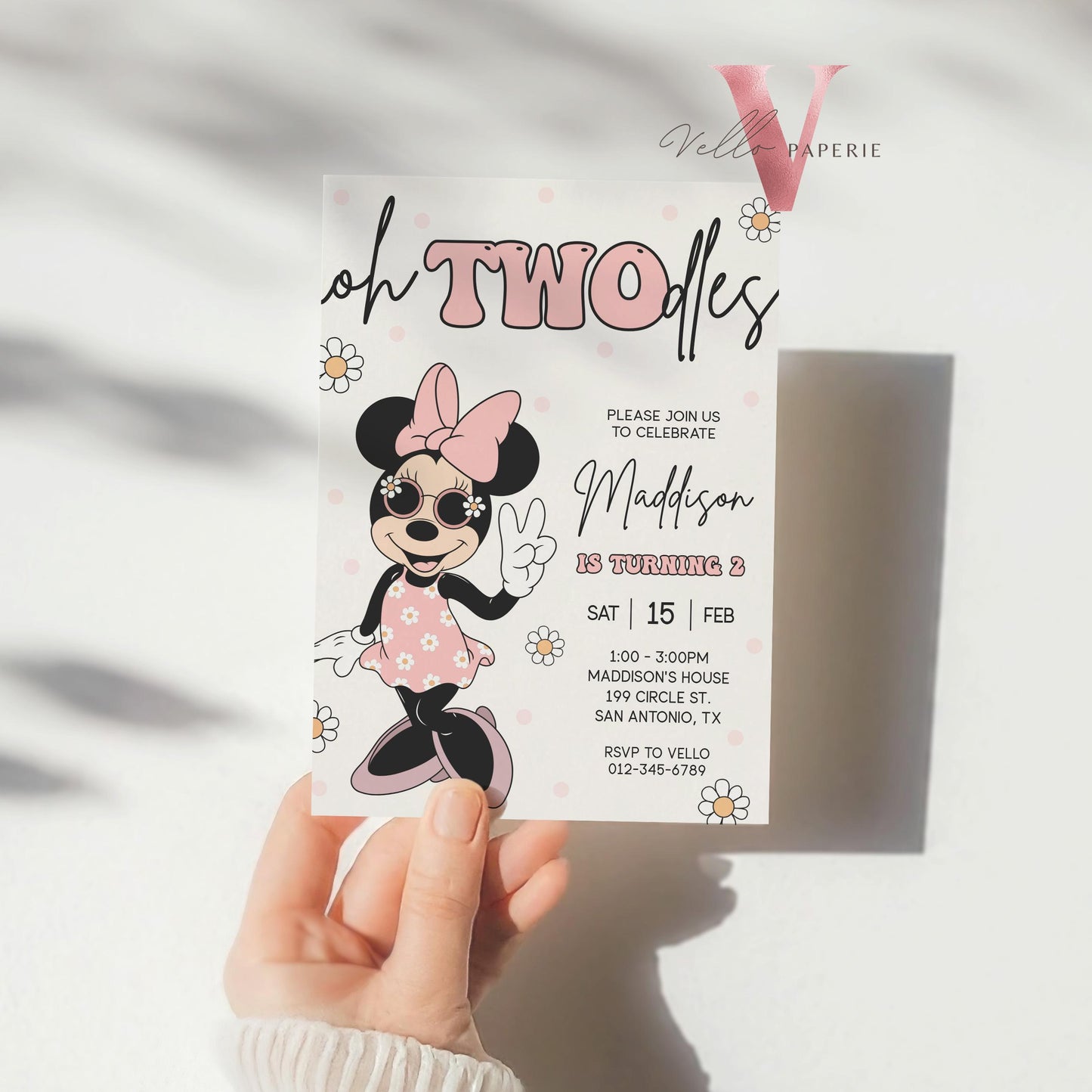 Oh TWOdles Groovy Minnie Mouse Birthday Invitation | Light Peach White Polkadot Invite 2 Years Old Girl | Minnie Groovy Second Birthday