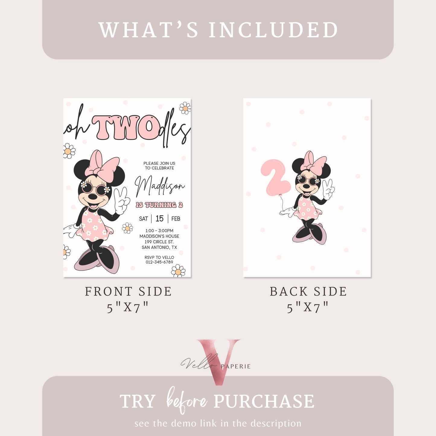 Oh TWOdles Groovy Minnie Mouse Birthday Invitation | Light Peach White Polkadot Invite 2 Years Old Girl | Minnie Groovy Second Birthday