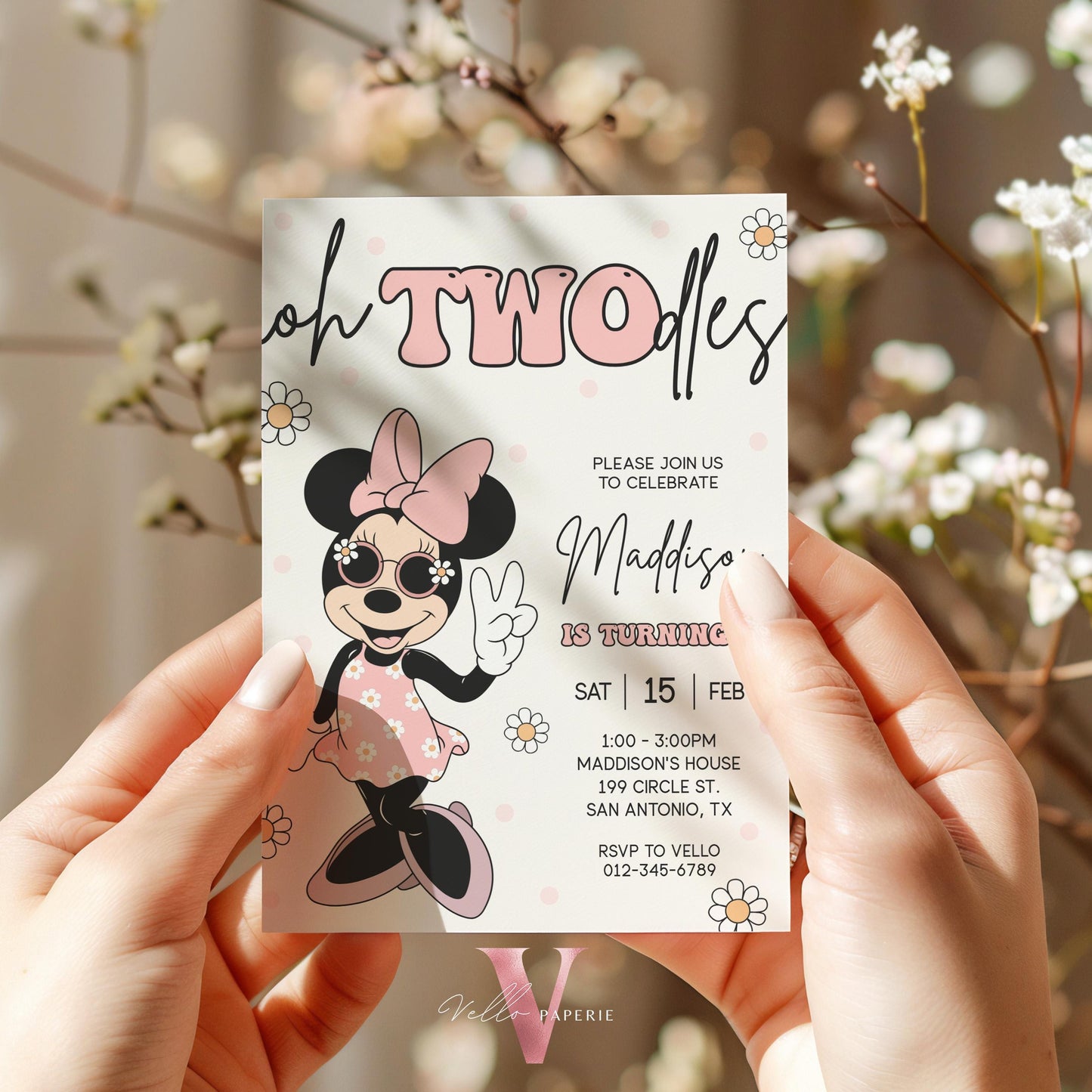 Oh TWOdles Groovy Minnie Mouse Birthday Invitation | Light Peach White Polkadot Invite 2 Years Old Girl | Minnie Groovy Second Birthday