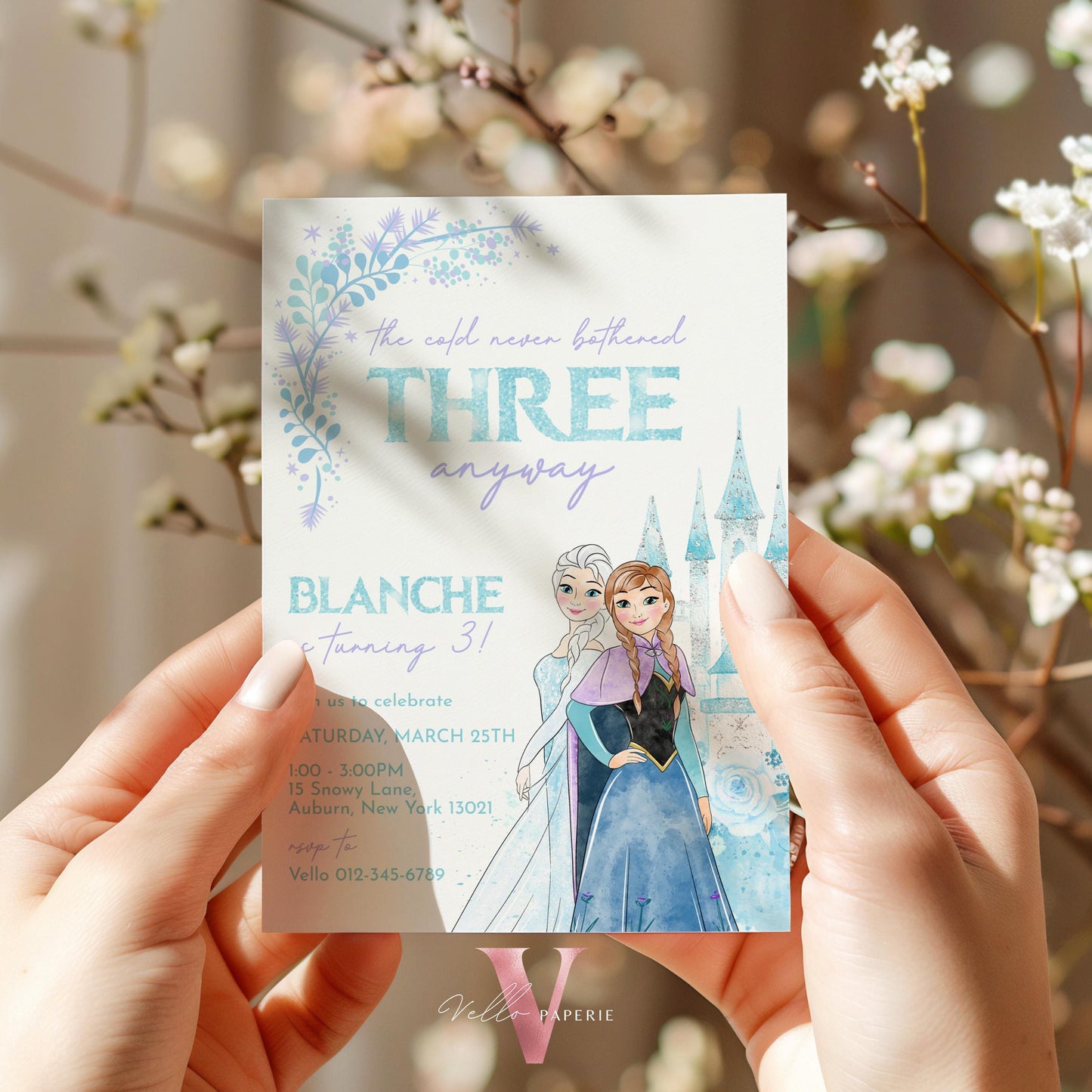 Editable Third Birthday Frozen Theme Birthday Party Invitation | 3rd Birthday Watercolor Princess Elsa Anna Frozen Invite | Winter Snow