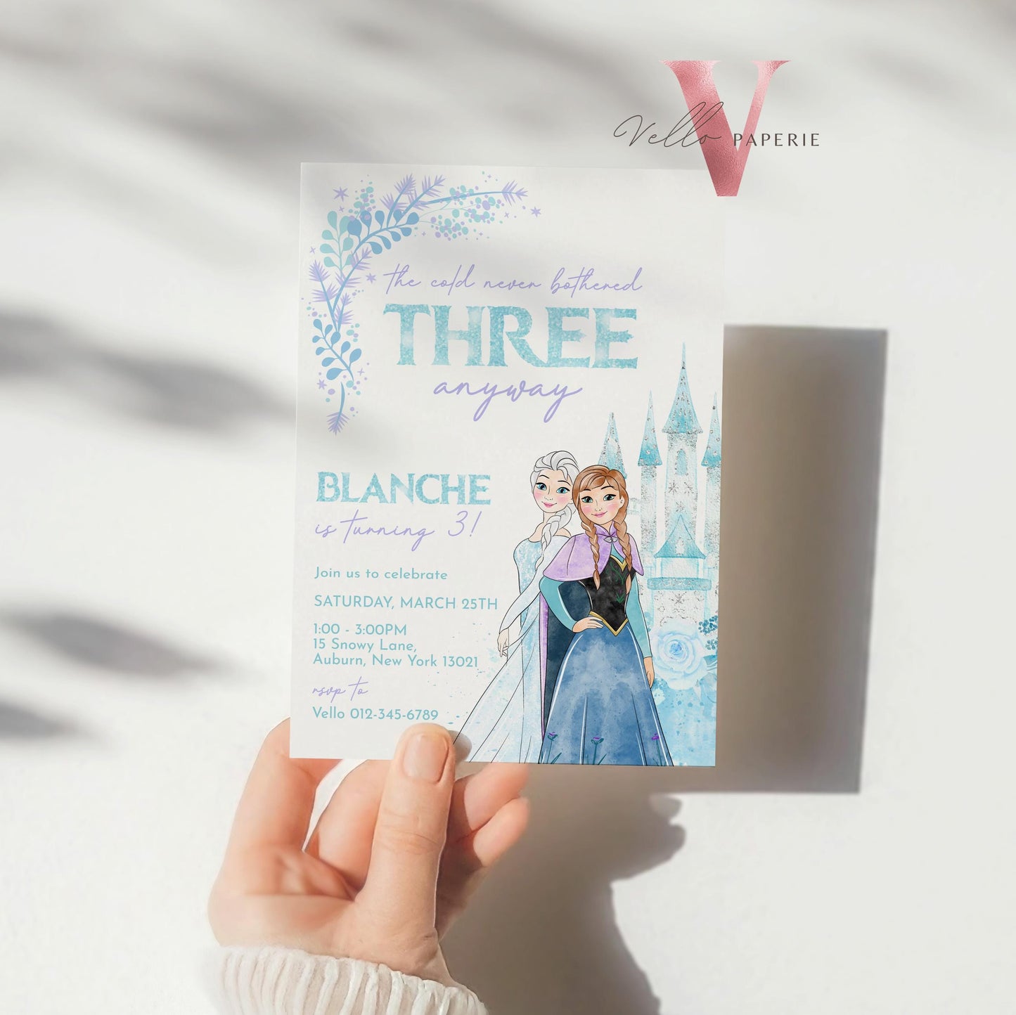 Editable Third Birthday Frozen Theme Birthday Party Invitation | 3rd Birthday Watercolor Princess Elsa Anna Frozen Invite | Winter Snow