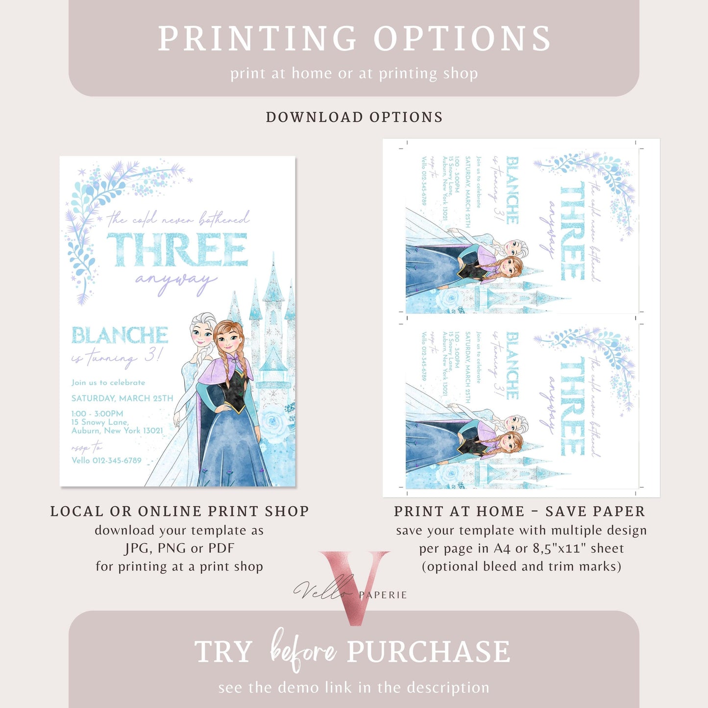 Editable Third Birthday Frozen Theme Birthday Party Invitation | 3rd Birthday Watercolor Princess Elsa Anna Frozen Invite | Winter Snow