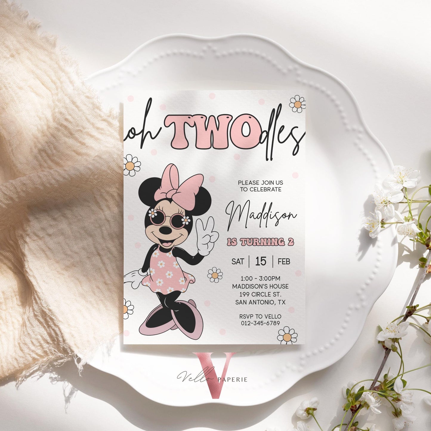 Oh TWOdles Groovy Minnie Mouse Birthday Invitation | Light Peach White Polkadot Invite 2 Years Old Girl | Minnie Groovy Second Birthday