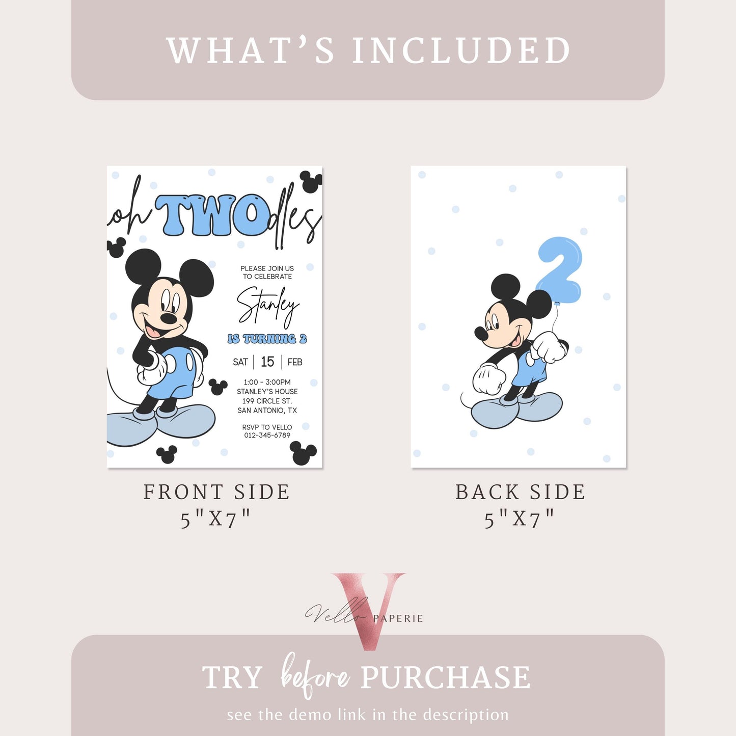 Modern Oh Twodles Mickey Mouse Birthday Invitation | White Black Blue Minimalist Mickey Birthday Party Invite | Mickey Twodles 2nd Birthday