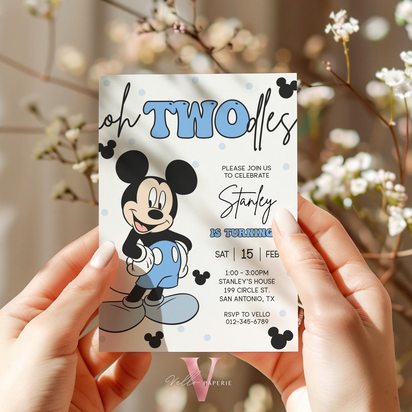 Modern Oh Twodles Mickey Mouse Birthday Invitation | White Black Blue Minimalist Mickey Birthday Party Invite | Mickey Twodles 2nd Birthday